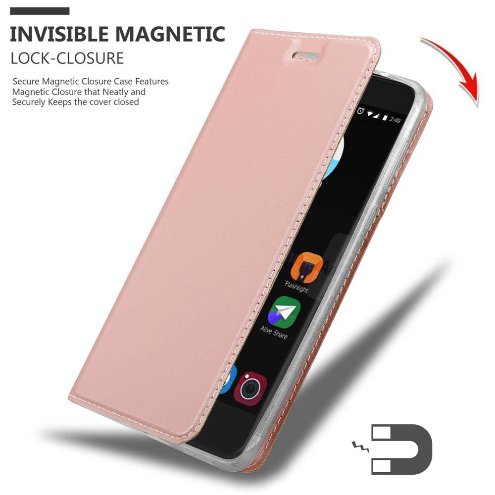 Una custodia rosa per telefono con chiusura magnetica, mostrata parzialmente aperta, che mostra lo schermo.