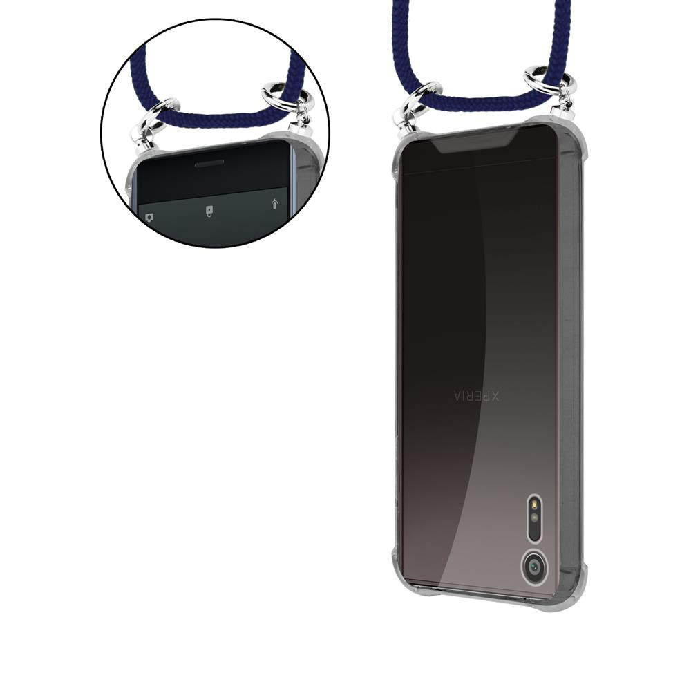 Una custodia trasparente per telefono con laccetto blu.