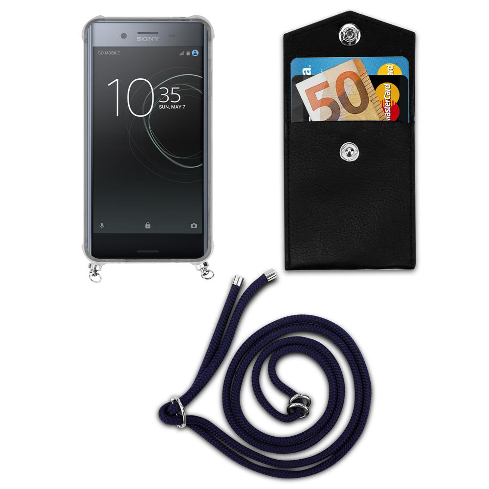 Smartphone Sony con porta carte nero e tracolla blu