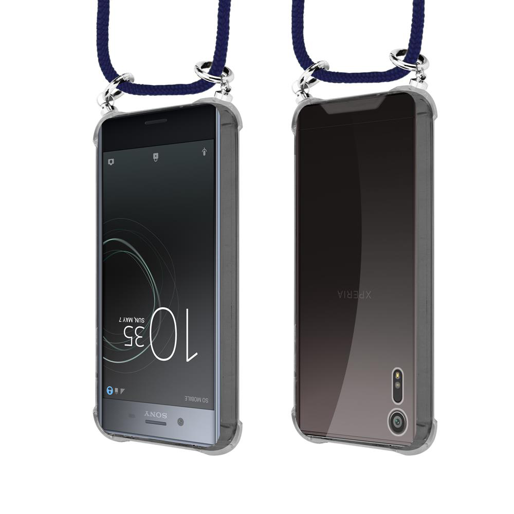 Due smartphone in custodie trasparenti con cordini blu, viste frontale e posteriore.