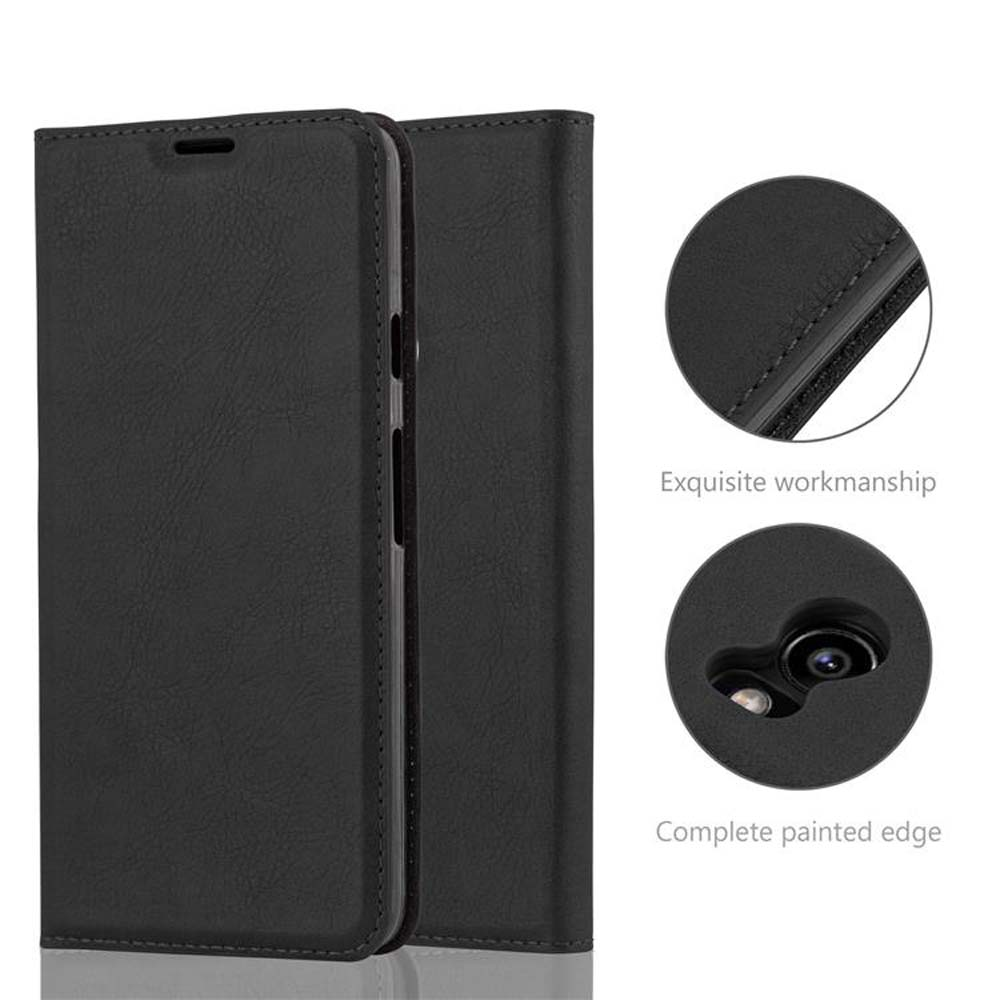 Custodia a libro nera per smartphone con primi piani di cuciture e ritaglio fotocamera.