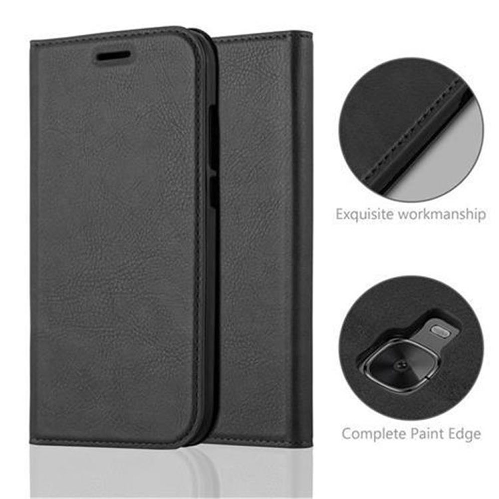 Funda tipo libro de cuero negro para smartphone, mostrando costuras y soporte de anillo.