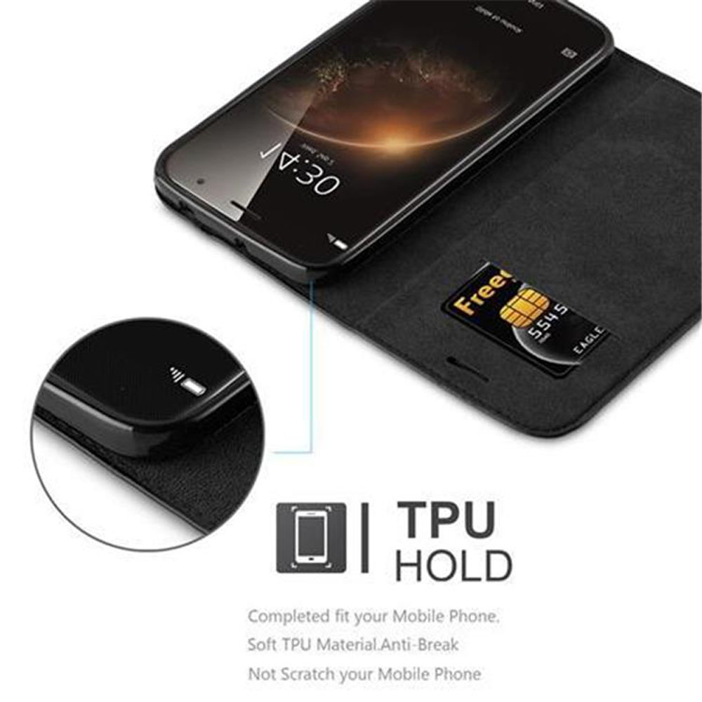 Teléfono negro en funda negra con tarjeta SIM y texto.