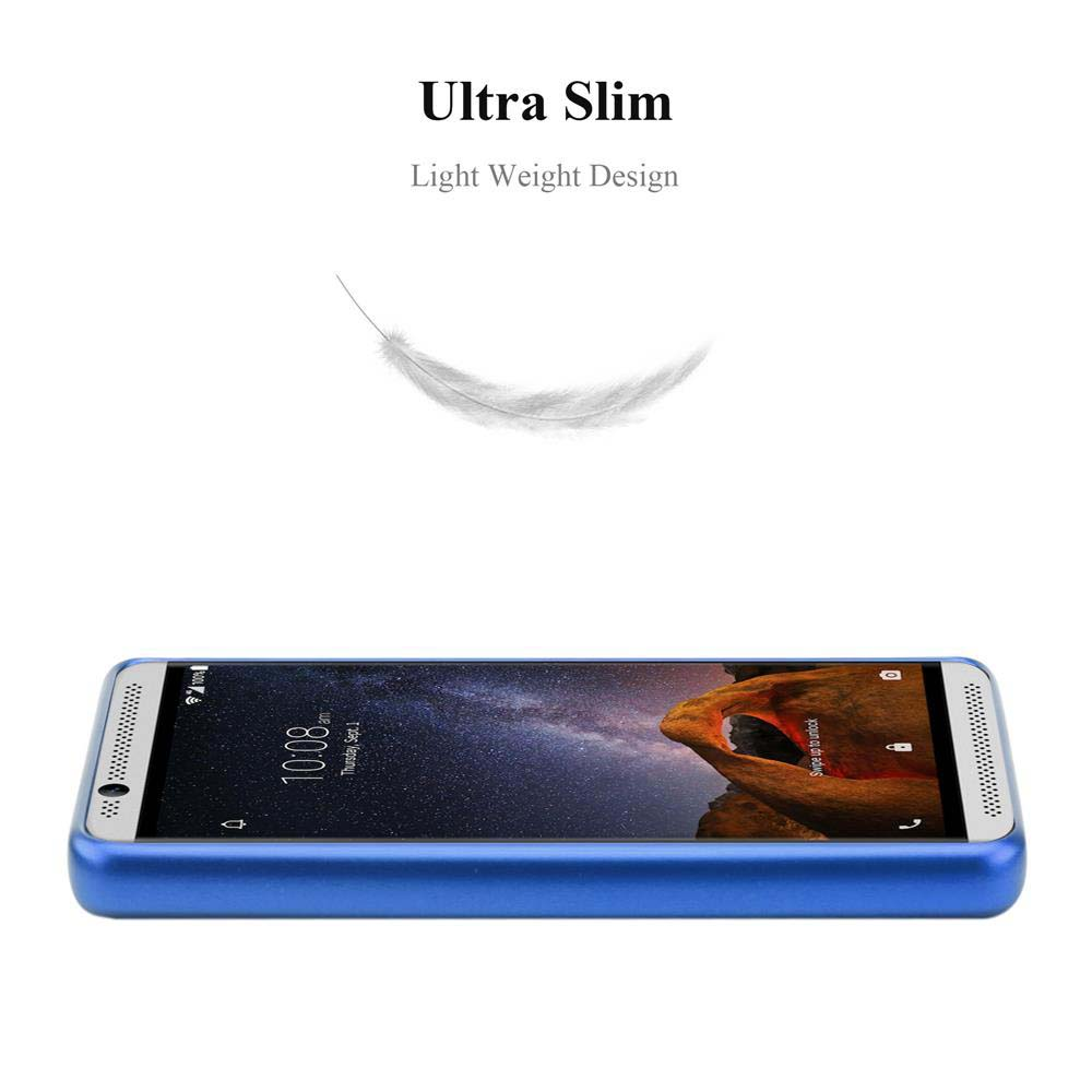 Schlankes Smartphone mit blauem Gehäuse und Feder-Illustration.