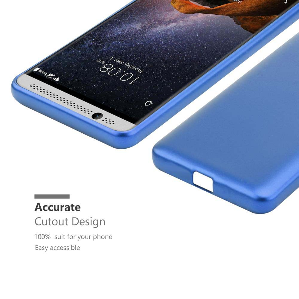 Blaues Handyhülle liegt neben einem Smartphone mit gesperrtem Bildschirm.