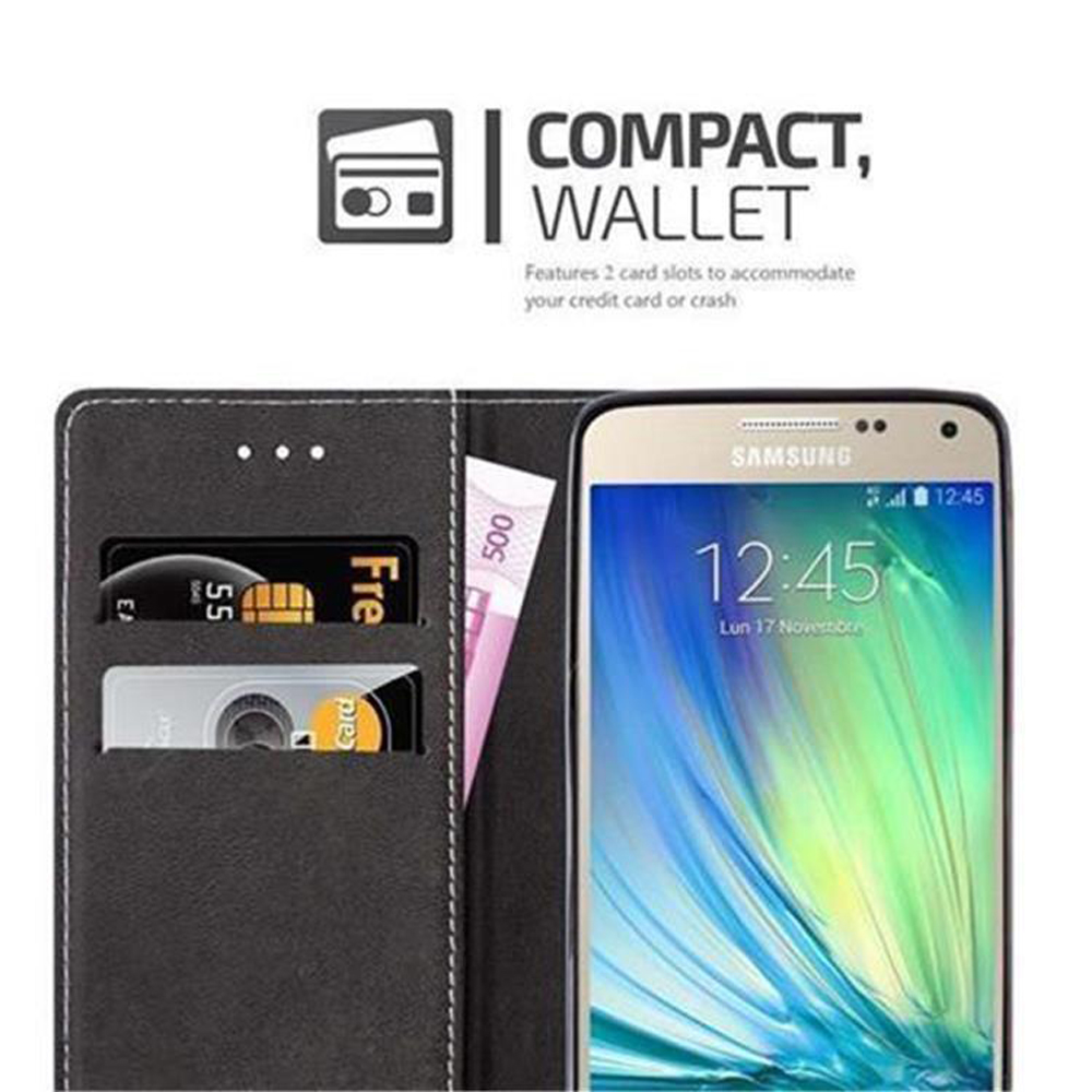 Schwarze Brieftasche mit zwei Kartenschlitzen und einem Samsung-Telefon.
