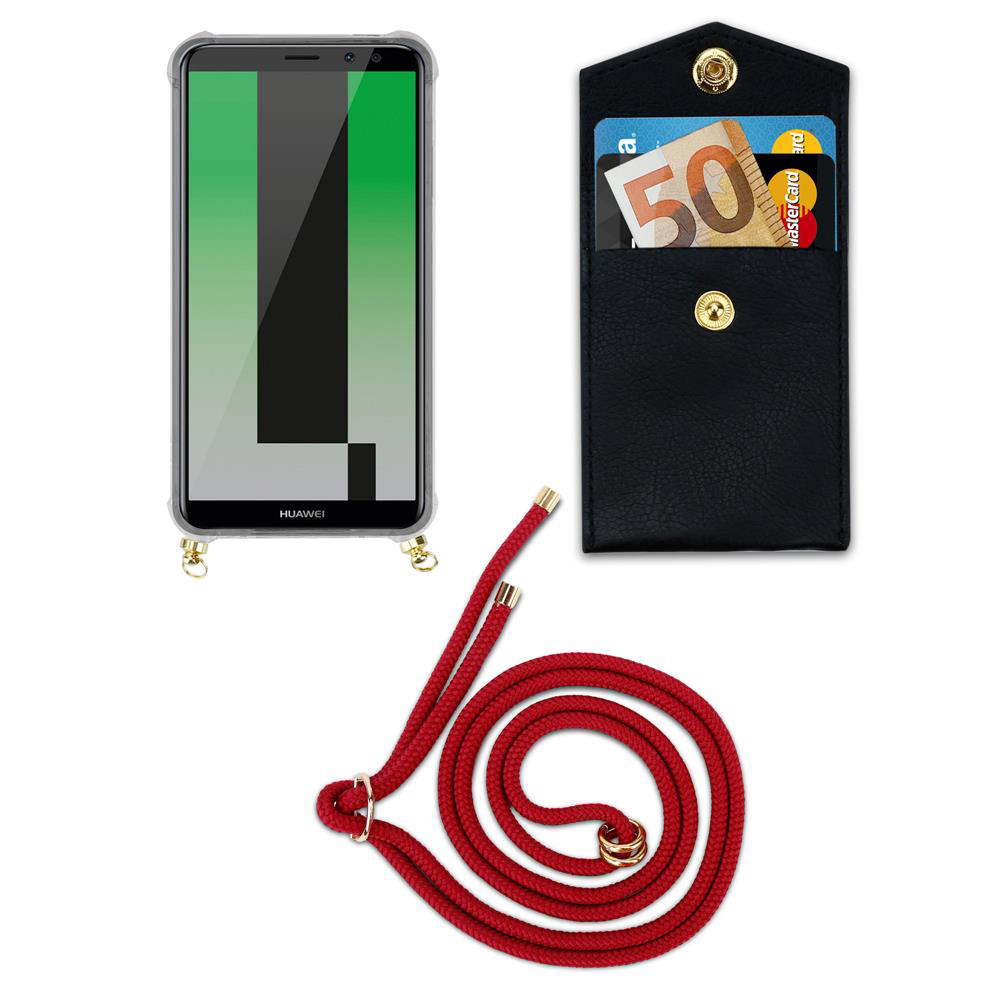 Telefono Huawei in custodia trasparente, portafoglio nero con soldi e carte, corda rossa.