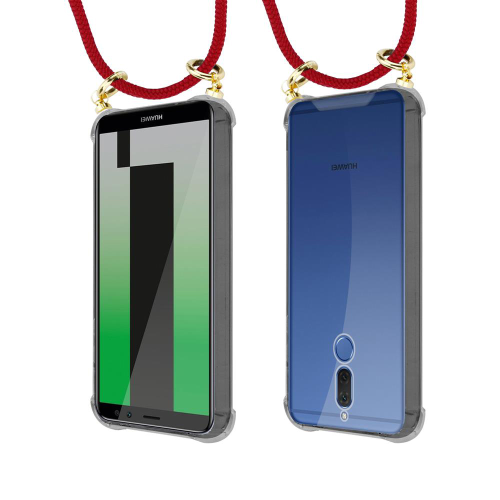 Due telefoni Huawei in custodie con cordini rossi, sfondo bianco.