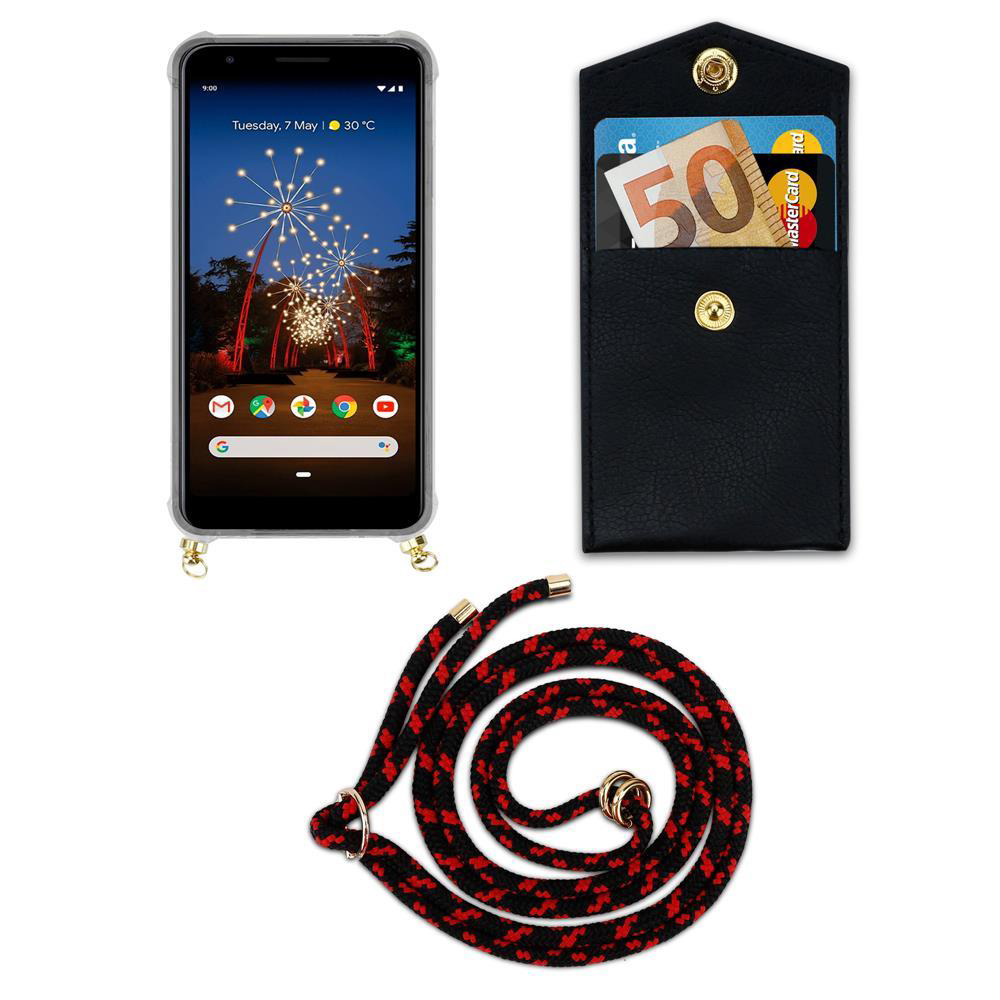 Smartphone mit Hülle, Portemonnaie mit Karten und Geld, und eine Lanyard-Kordel.