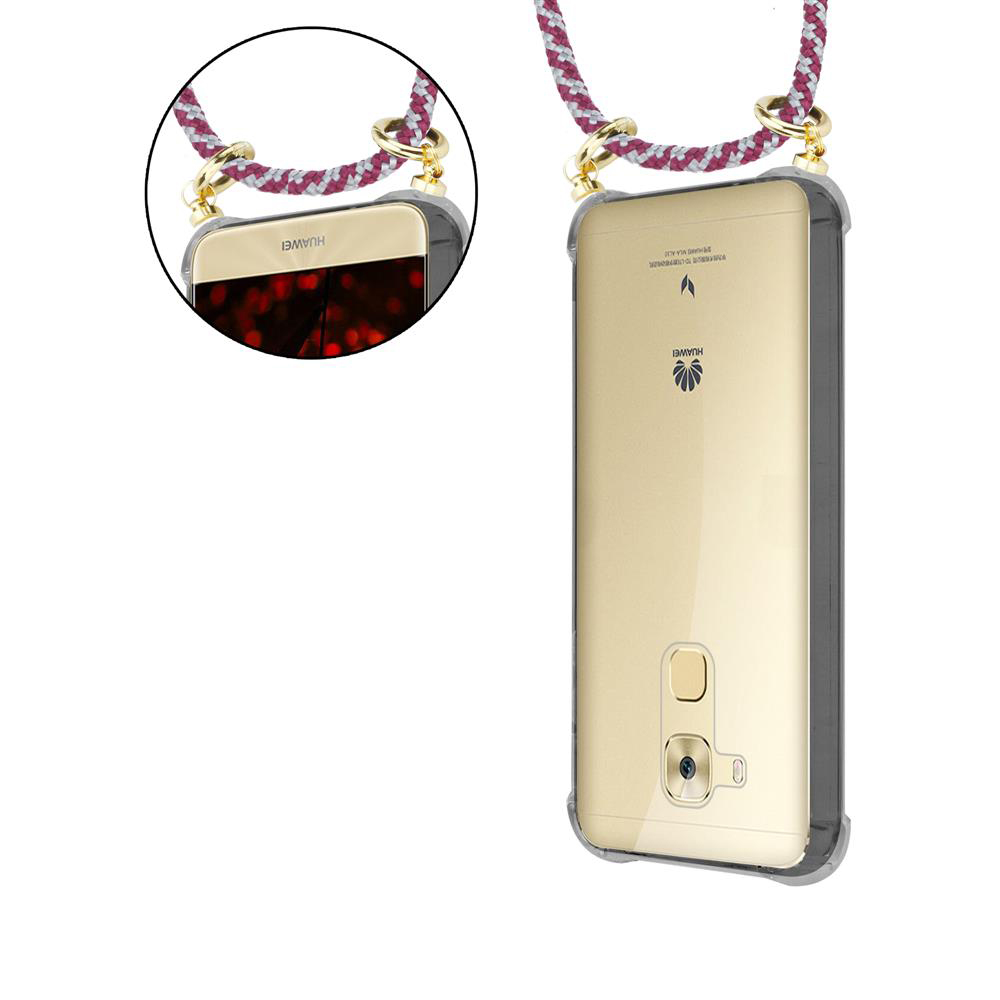 Smartphone Huawei dorato in custodia trasparente con cordino.