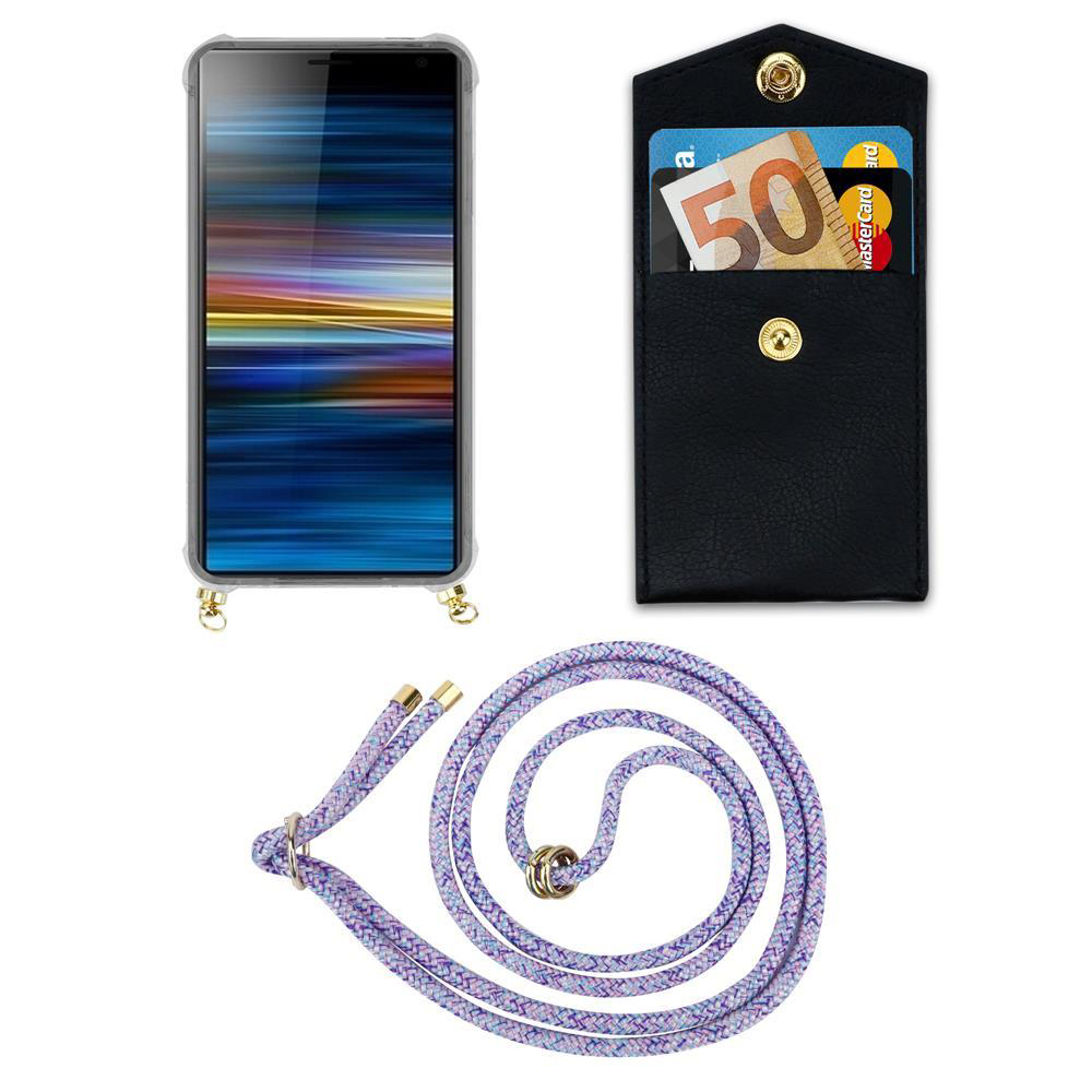 Smartphone mit Hülle, schwarze Brieftasche mit Geld und Karten, lila Kordel.