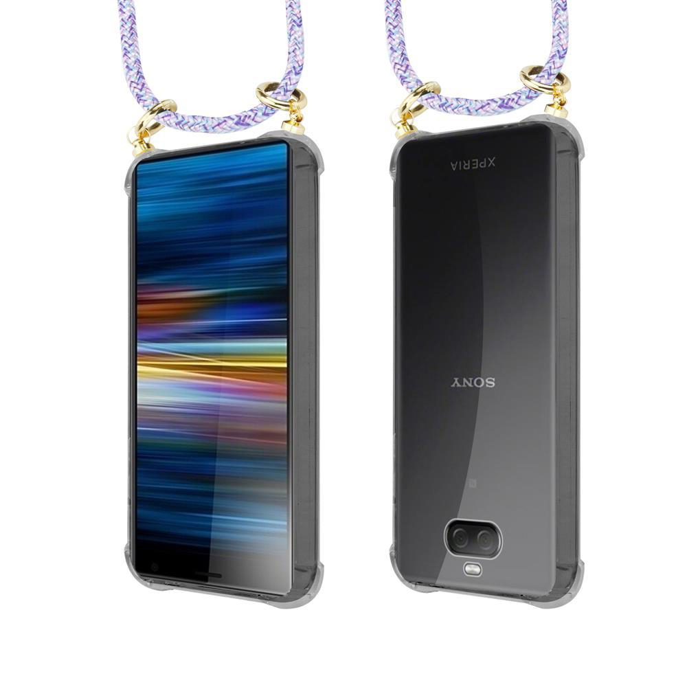 Ein Smartphone mit transparentem Gehäuse und Lanyard, Vorder- und Rückseite.