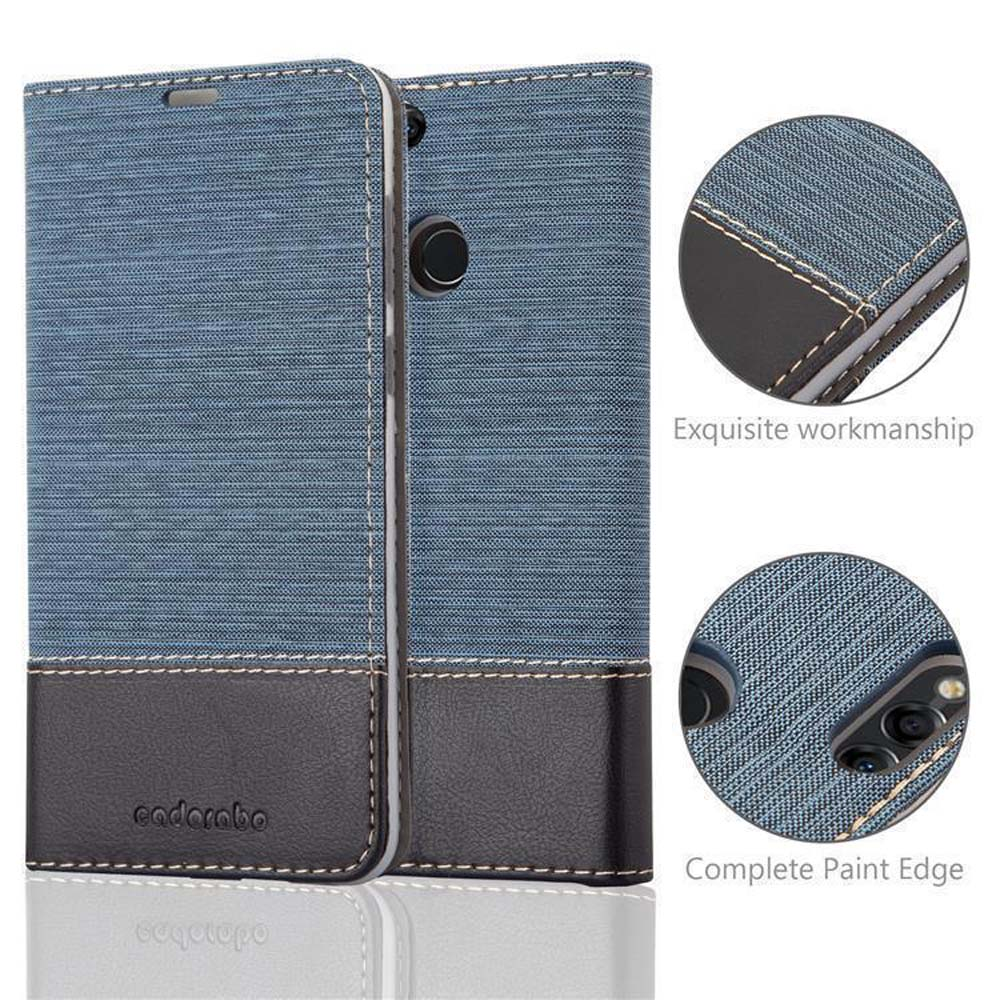 Custodia blu per telefono con accenti in pelle e cuciture. Dettagli.