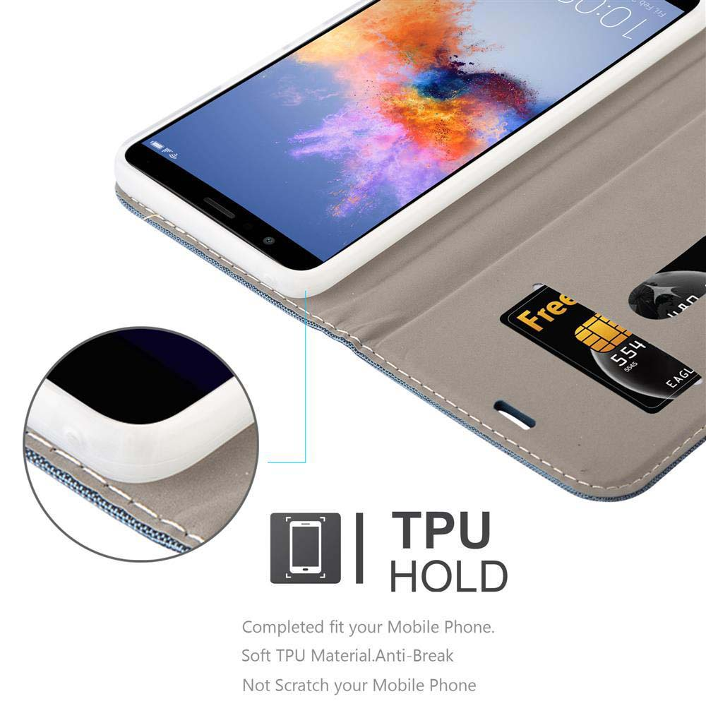 Uno smartphone in una custodia a portafoglio con slot per carte. Lo schermo mostra un'immagine colorata.