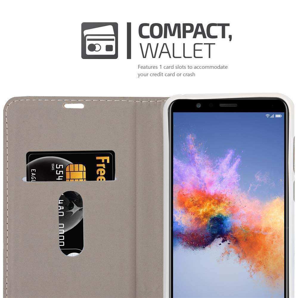 Un portafoglio grigio contiene carte. Uno smartphone mostra uno sfondo astratto colorato.