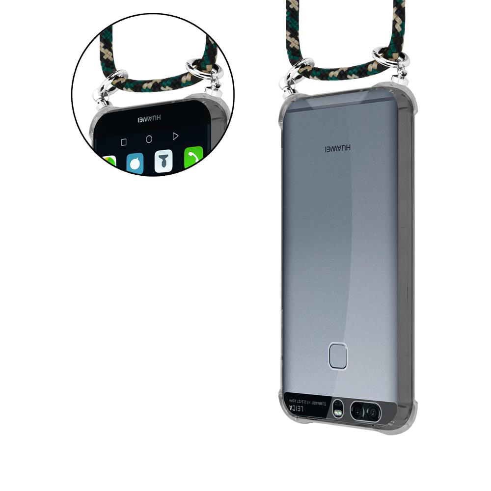 Ein Huawei-Smartphone in einer transparenten Hülle mit einem gemusterten Lanyard.