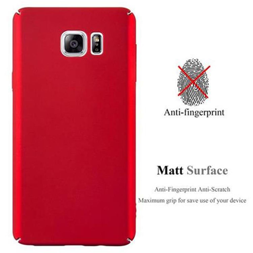 Rote Handyhülle mit Fokus auf die Rückseite und Anti-Fingerabdruck-Symbol.