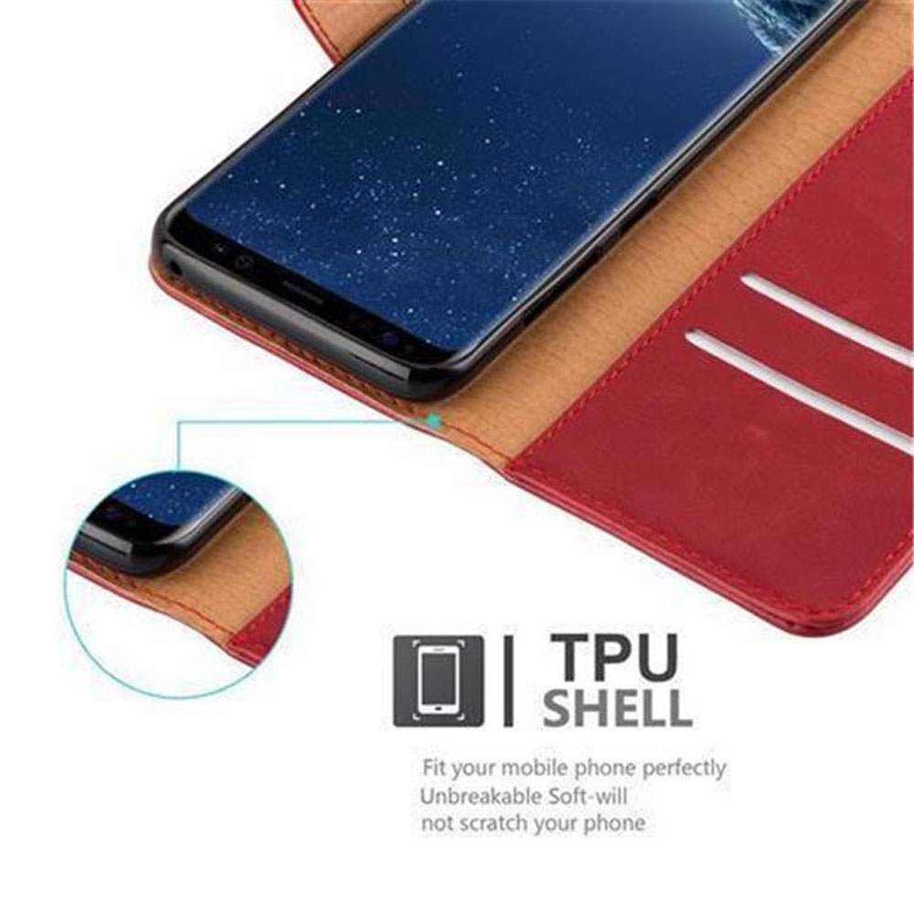 Rotes Handyhülle mit einer Handy-Nahaufnahme und Text.