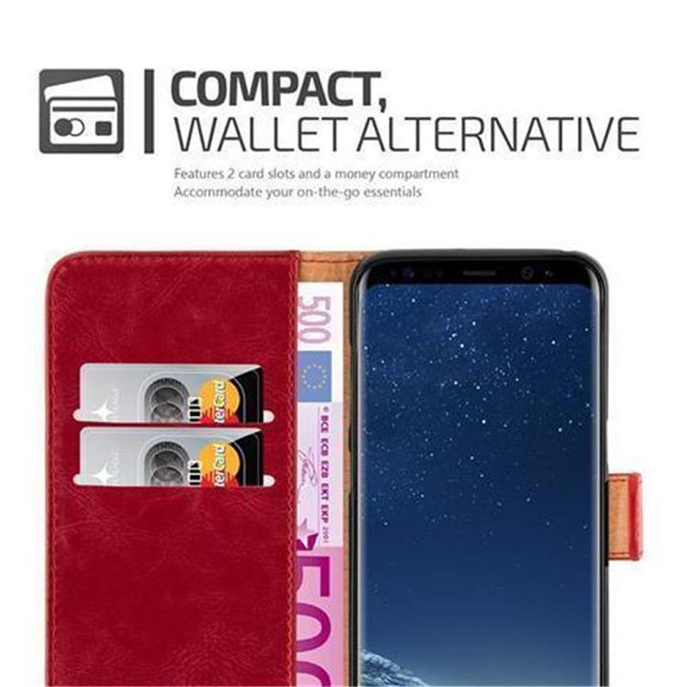 Rote Brieftasche mit zwei Kartenfächern, einem Geldscheinfach und einem Smartphone.