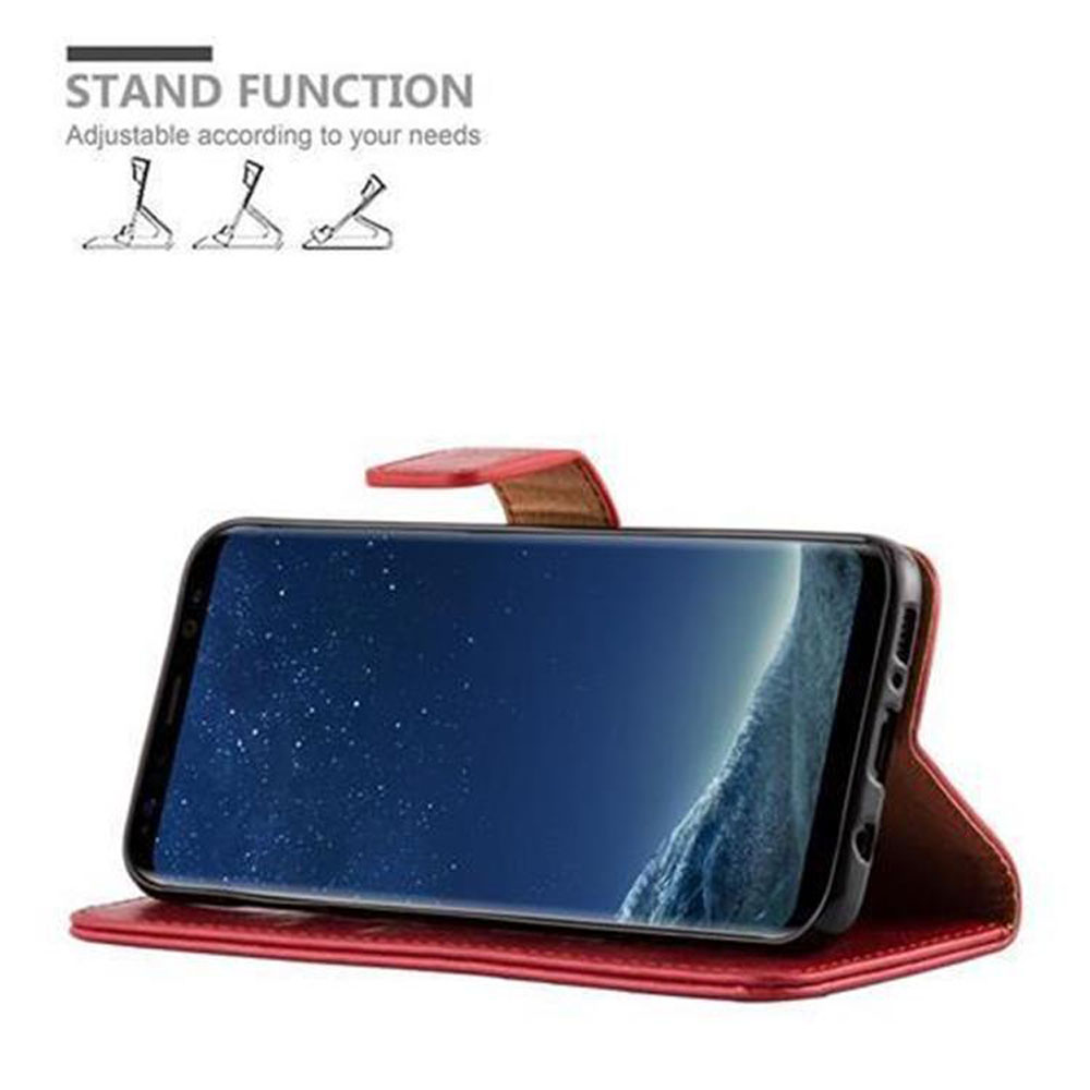 Rotes Handy-Flip-Case mit Ständerfunktion. Zeigt drei verschiedene Winkel.