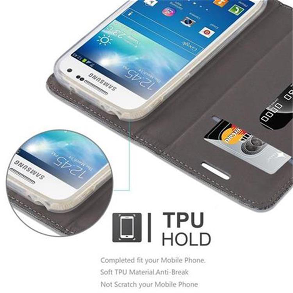 Un teléfono inteligente en una funda gris con ranuras para tarjetas.