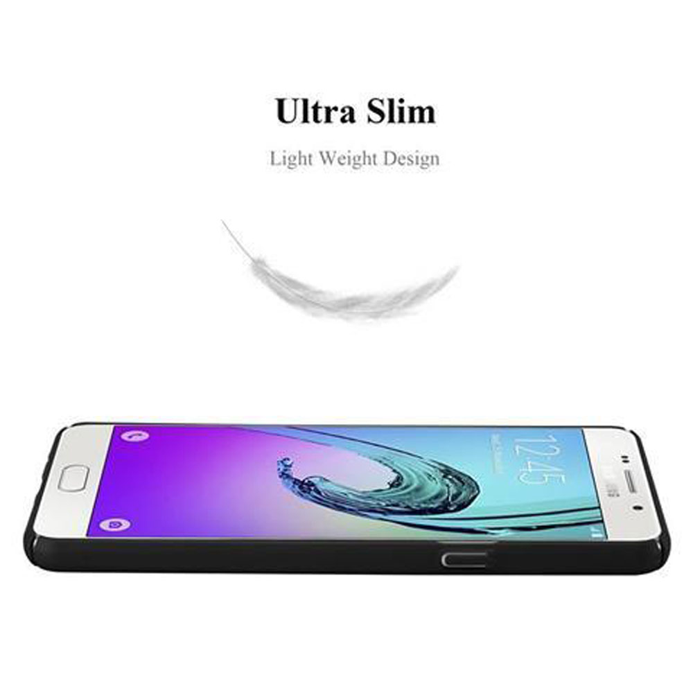 Uno smartphone sottile con sfondo blu e viola. Una piuma fluttua sopra.