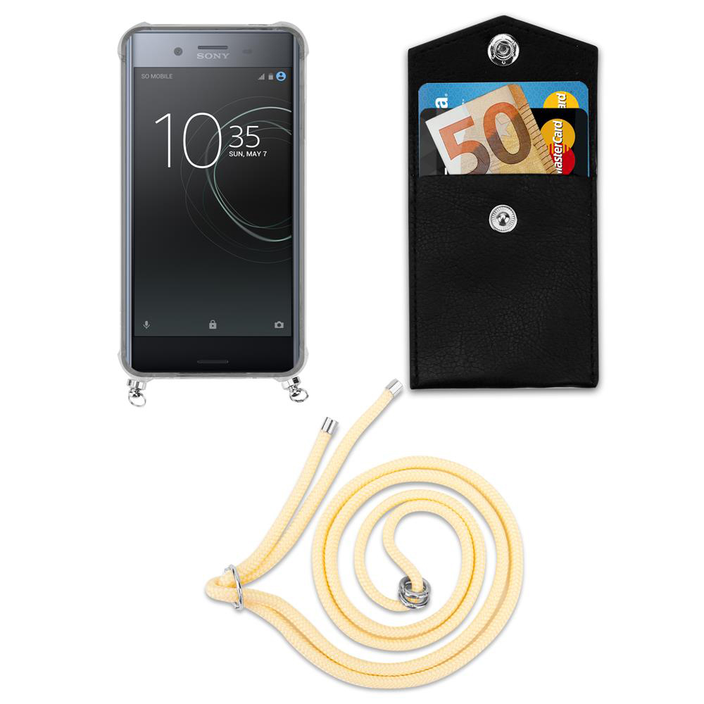 Smartphone con custodia, portafoglio con banconota da 50 euro e carta, corda gialla.