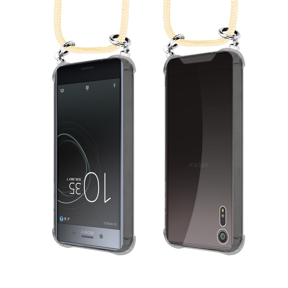 Due telefoni Sony Xperia in custodie trasparenti con cordini gialli. Vista frontale mostra schermo.