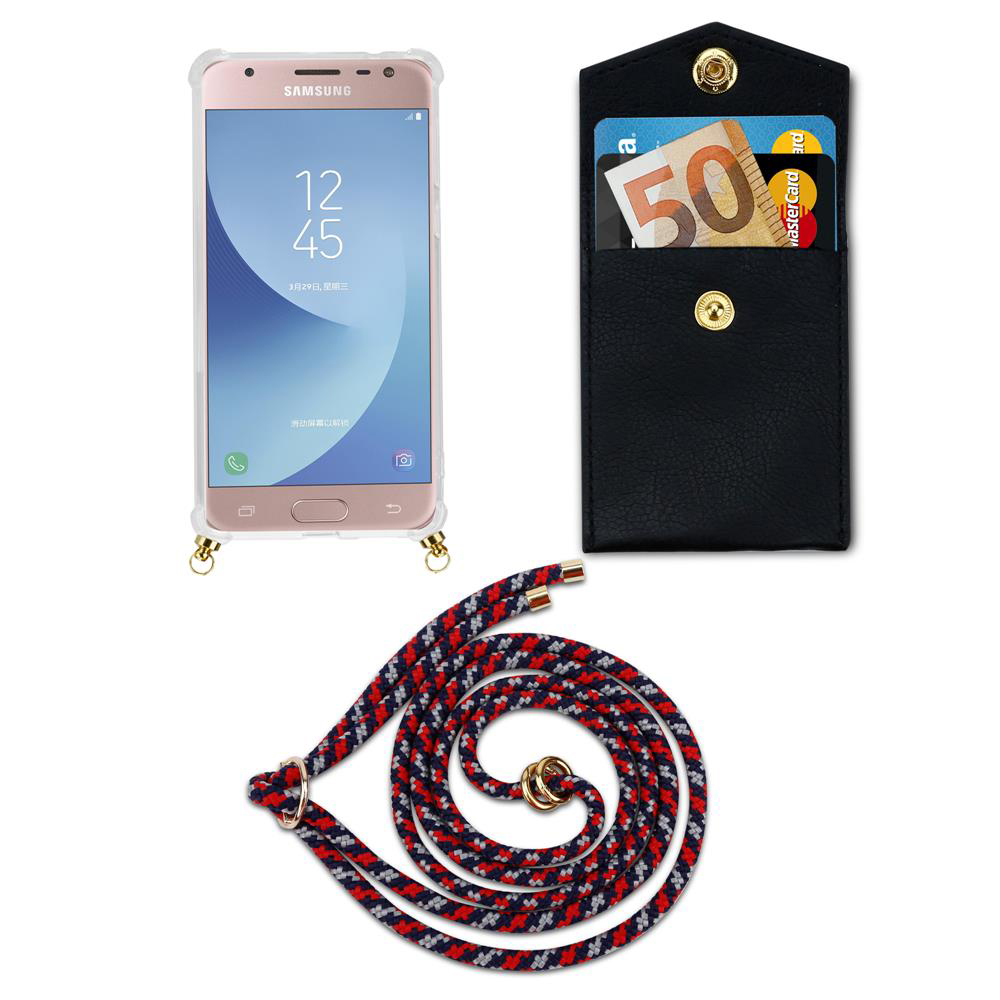 Un telefono Samsung in custodia, un portafoglio con soldi e carte, e un cordino.