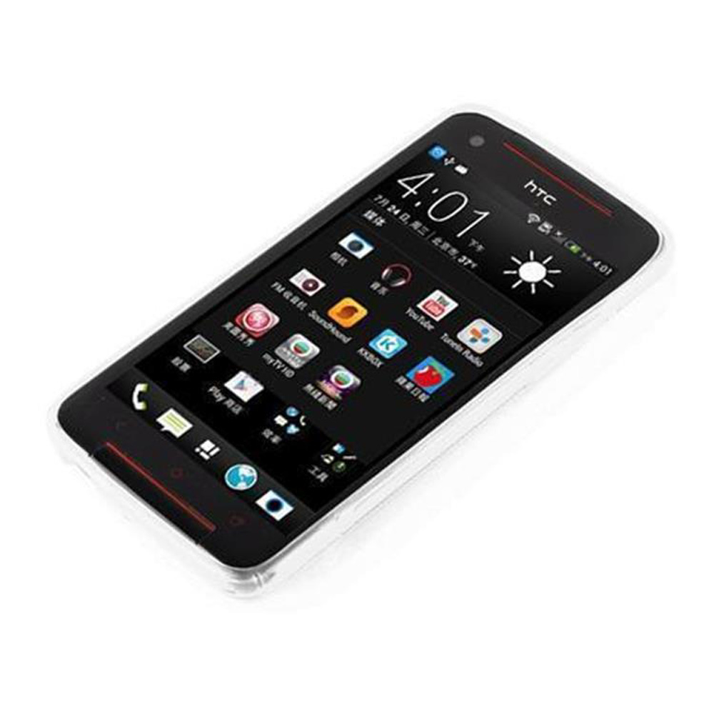 Uno smartphone HTC con schermo nero che mostra le 4:01.