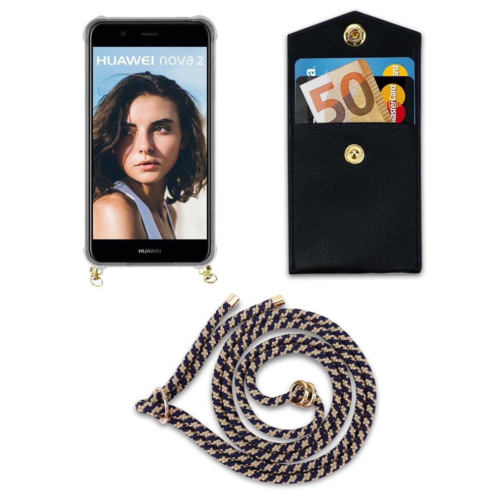 Telefono Huawei Nova 2 con custodia nera, portafoglio con soldi/carte e cordino.