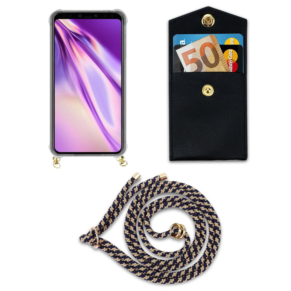 Smartphone mit Hülle, Geldbörse mit Geld und Karten, und eine Kordel.