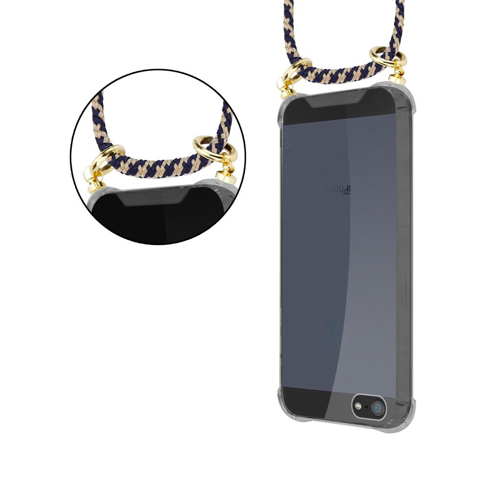 Un iPhone nero in custodia trasparente con cinturino e finiture dorate.