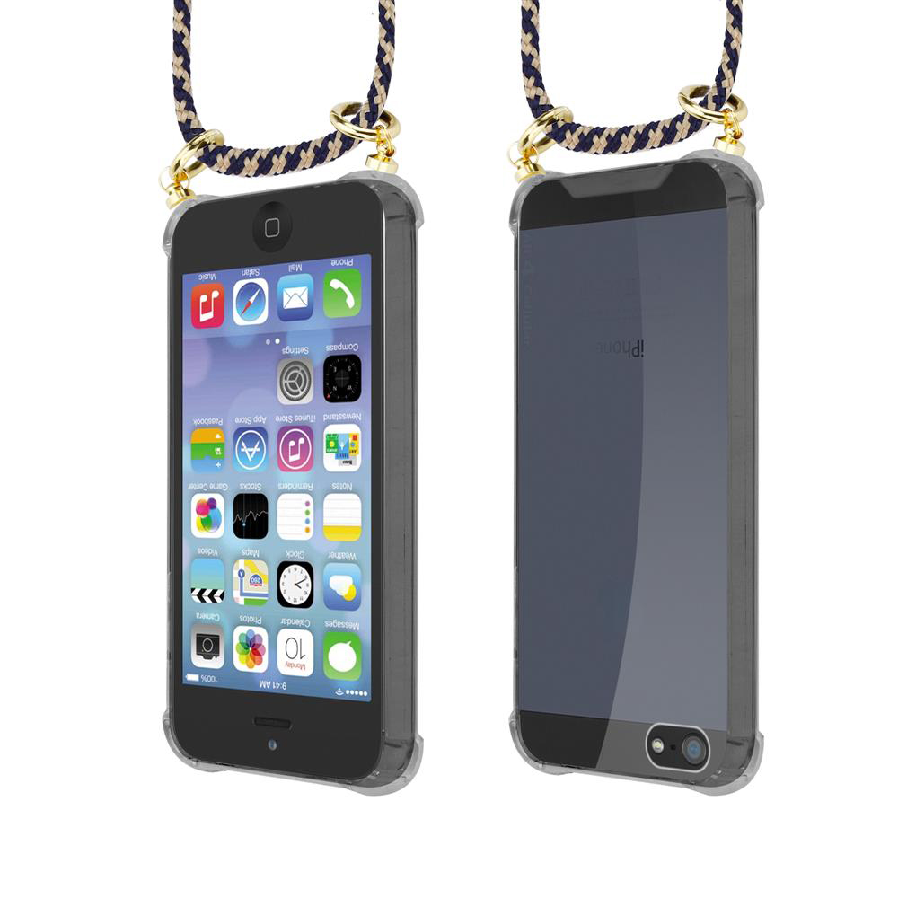 Due iPhone in custodie trasparenti con laccetti. Uno mostra la schermata home.