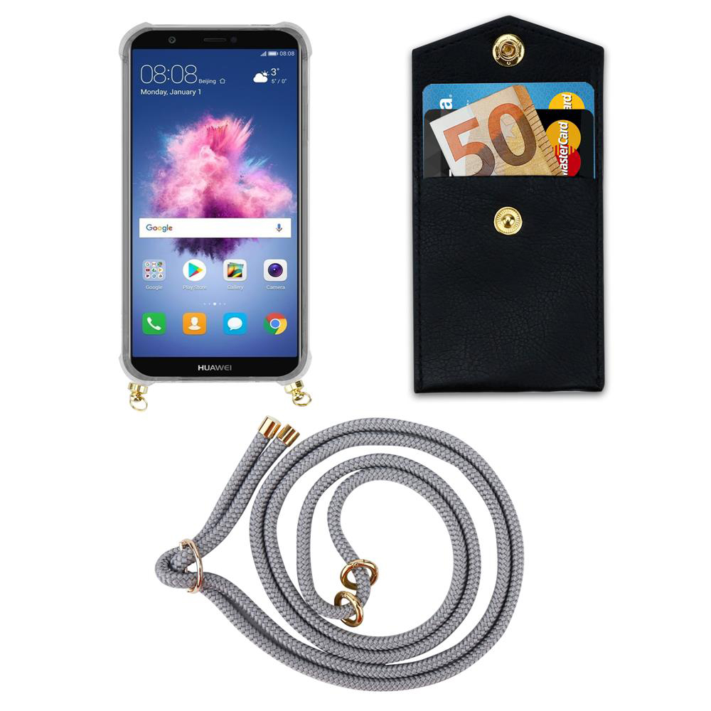 Smartphone grigio con porta carte nero e banconota da 50 euro.