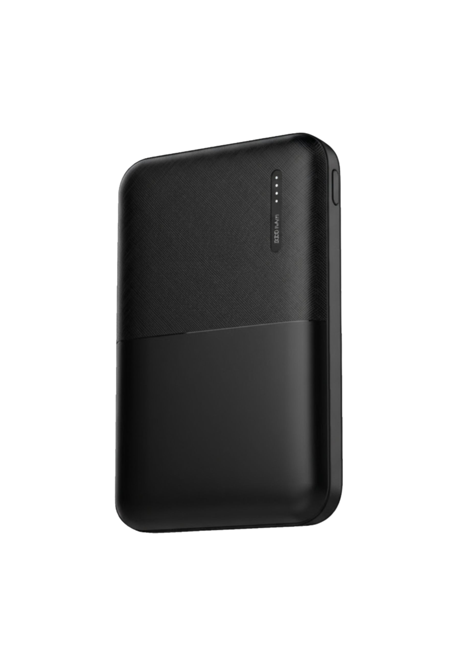 Dispositivo power bank nero con aree di superficie testurizzate e lisce.