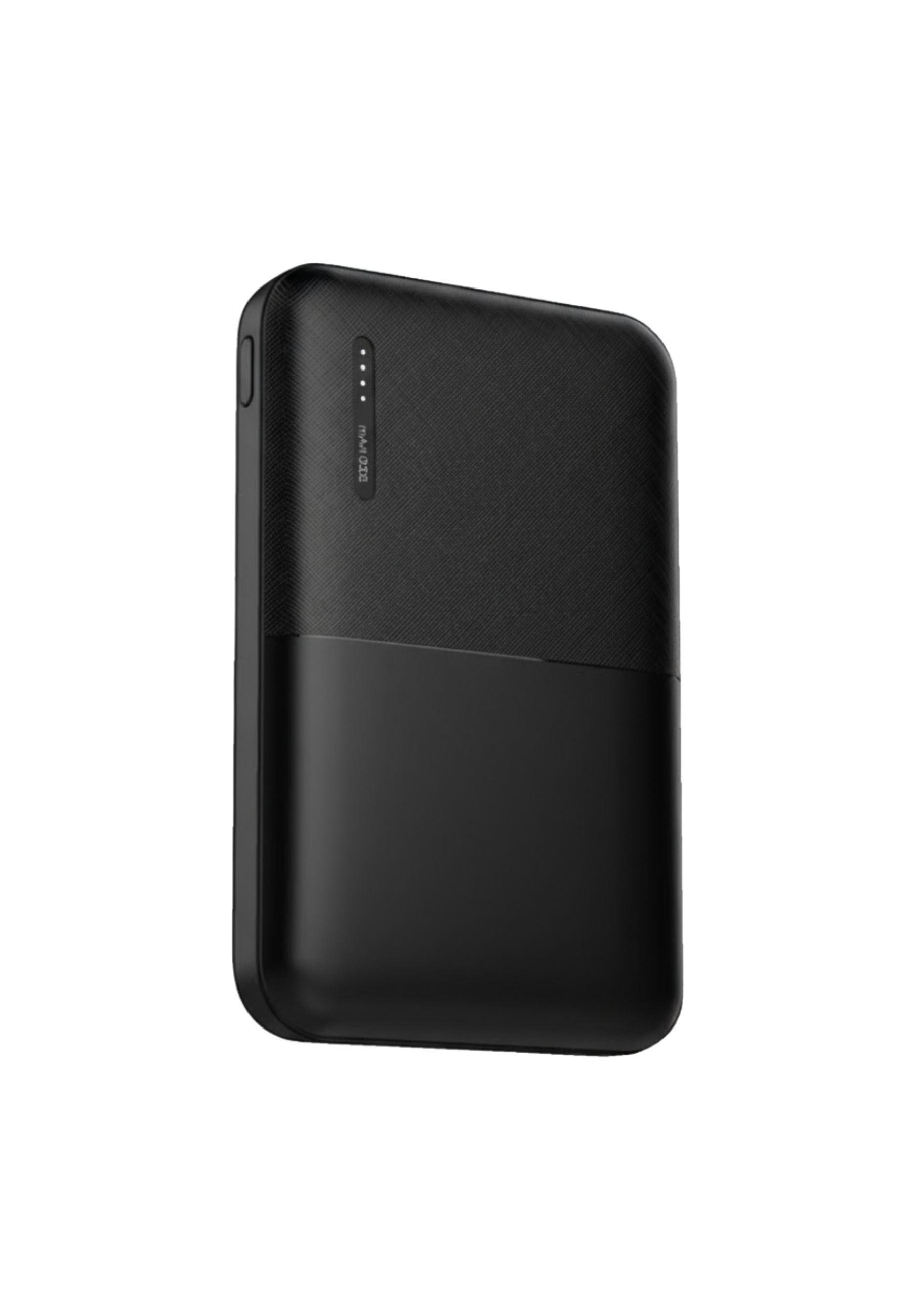 Power bank nero con finitura testurizzata e liscia, con spie luminose.