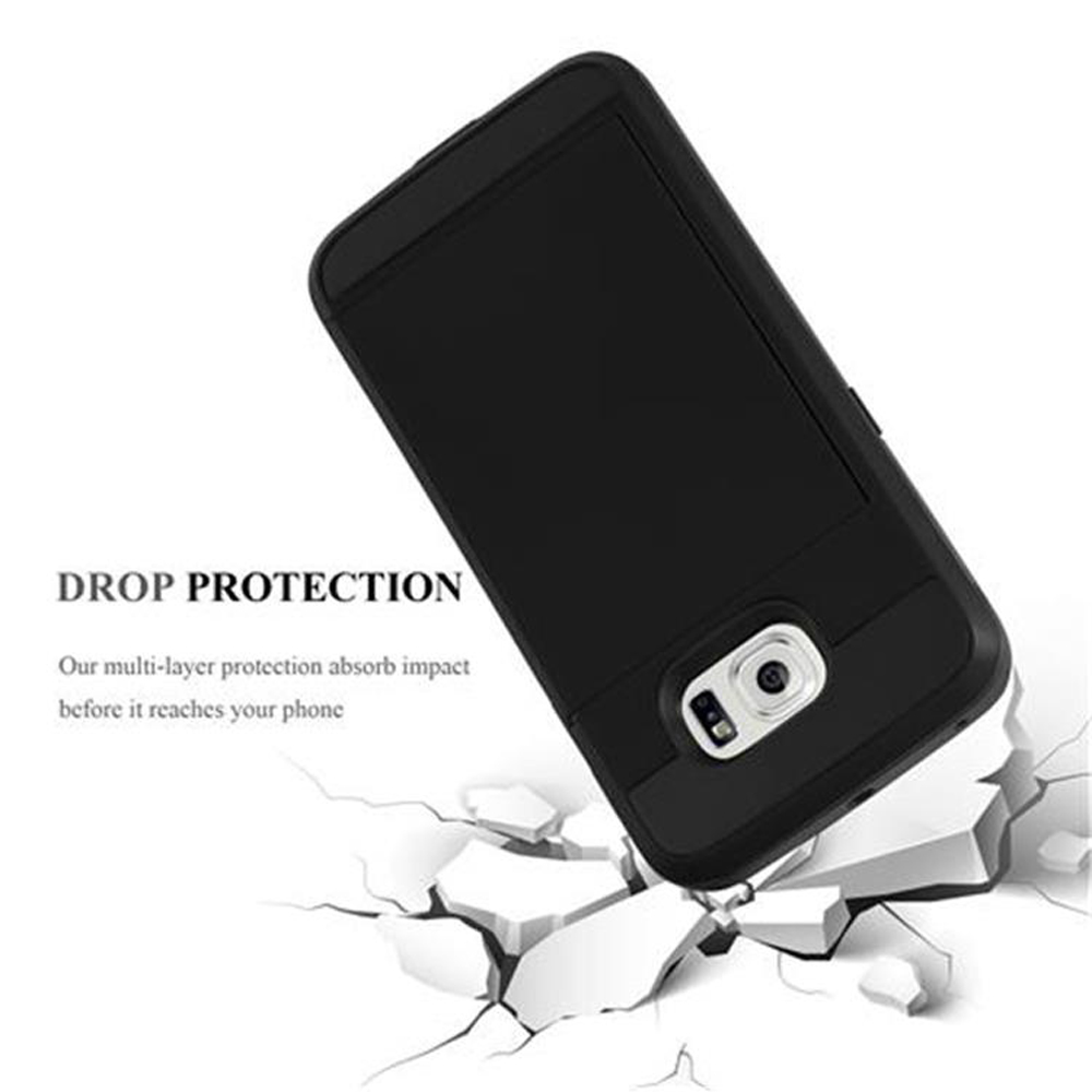 Cover nera per telefono che cade su detriti bianchi. Testo: "DROP PROTECTION".