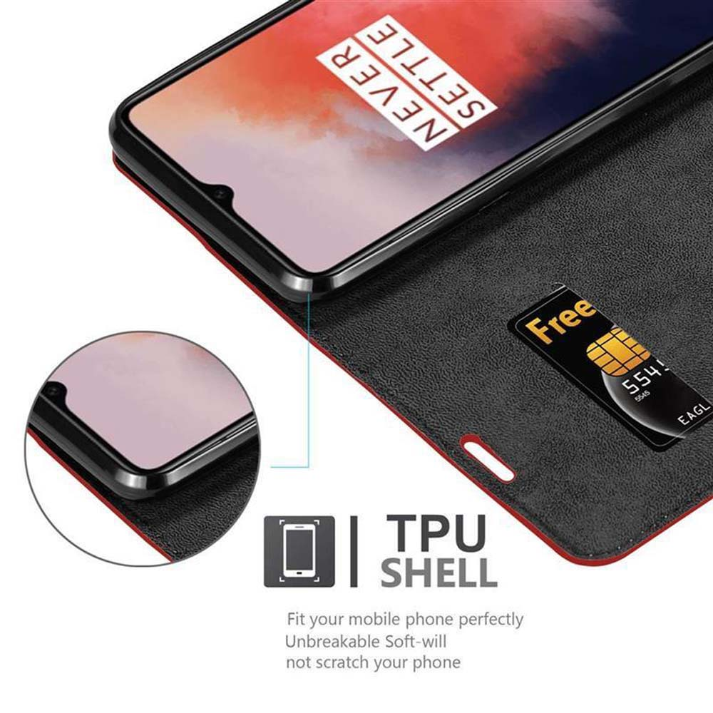 Custodia nera per telefono con bordo rosso. Un telefono è inserito.