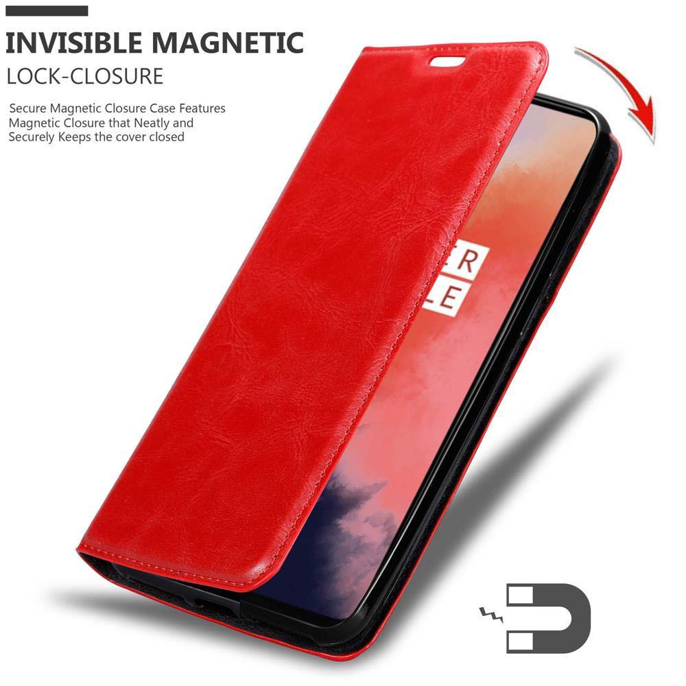 Custodia rossa con chiusura magnetica, mostrata aperta e chiusa.
