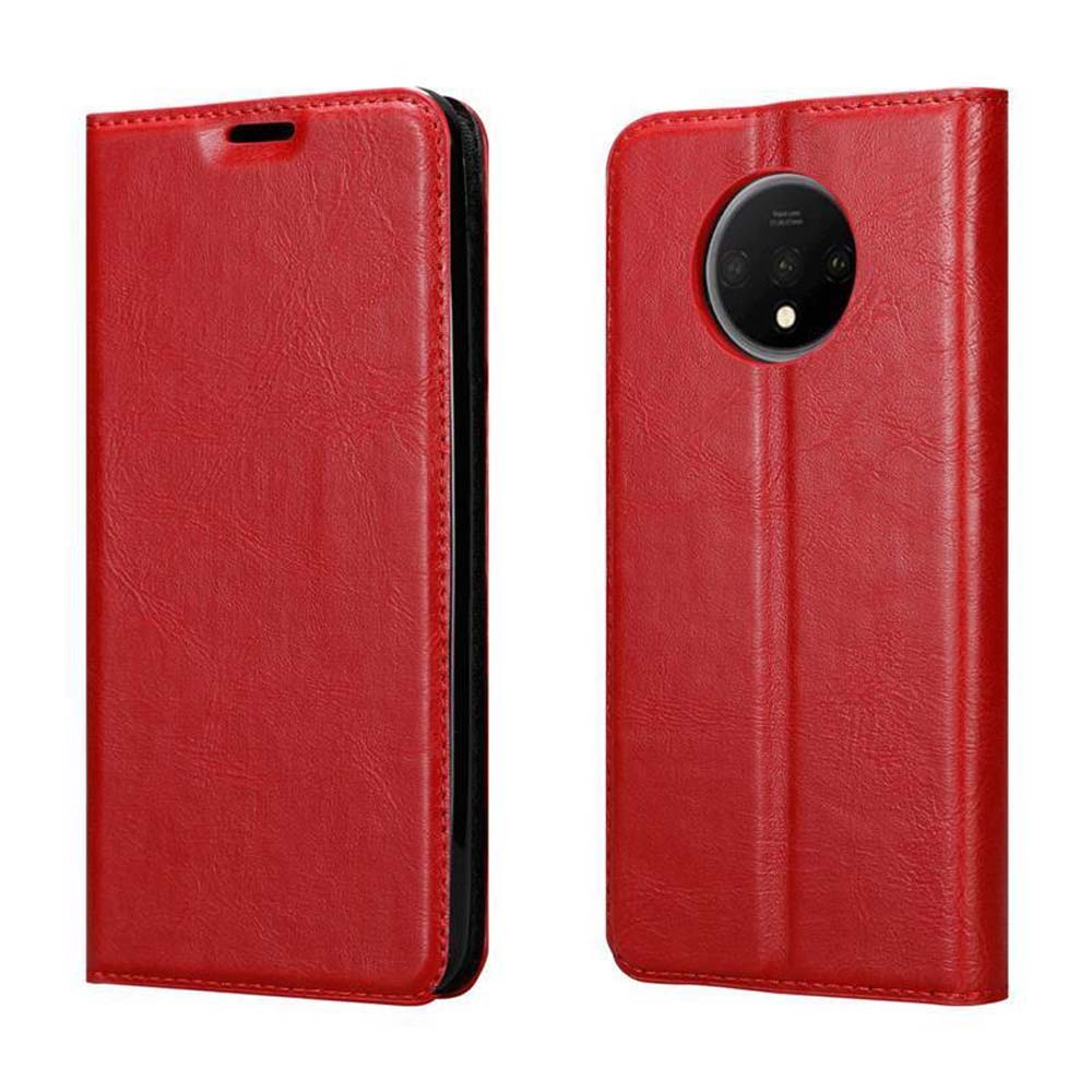 Custodia rossa in pelle a libro con foro per fotocamera a destra.