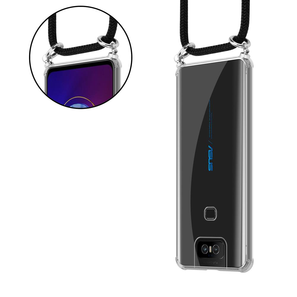 Ein transparentes Handyhülle mit einem Lanyard, das das ASUS-Logo zeigt.