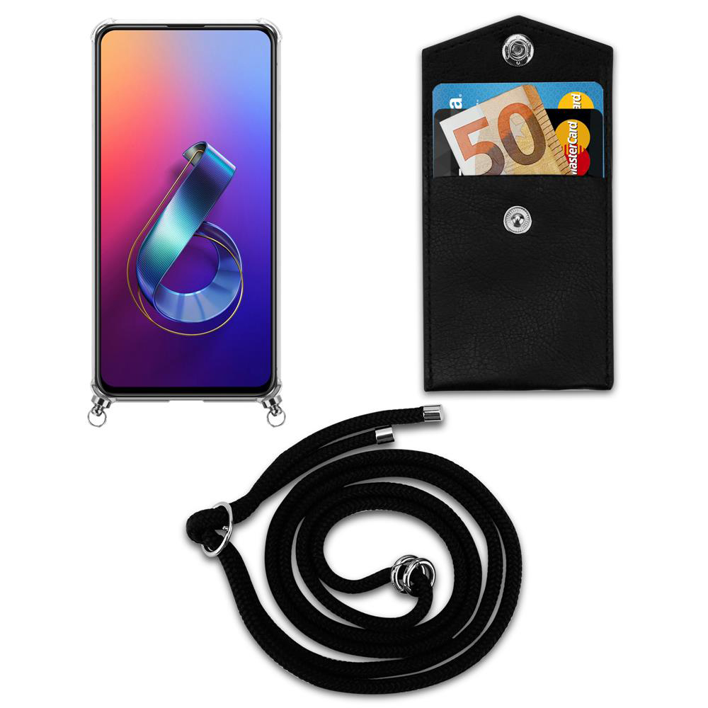 Ein Smartphone, eine schwarze Brieftasche mit 50-Euro-Schein und Karte, und ein schwarzes Lanyard.