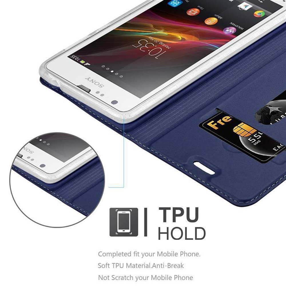 Ein blaues Handycover mit einem Smartphone und einer Karte darin.