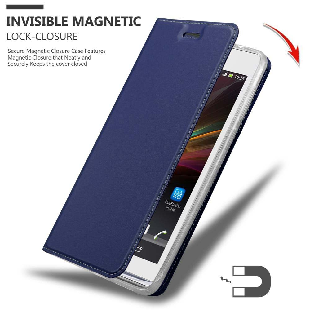 Blaue magnetische Klapphülle für ein Smartphone mit Uhrzeit 10:35 und PlayStation Mobile App.