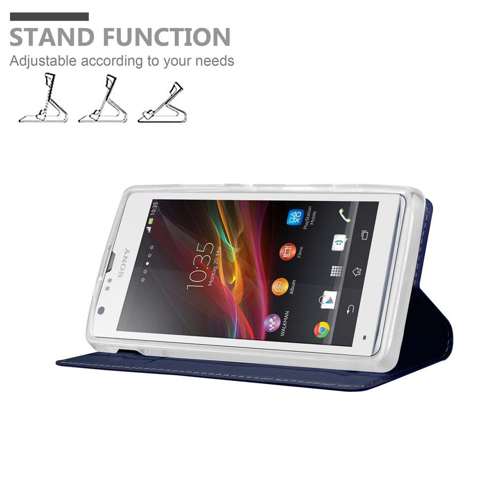Sony Smartphone in einer blauen Hülle mit Ständerfunktion.