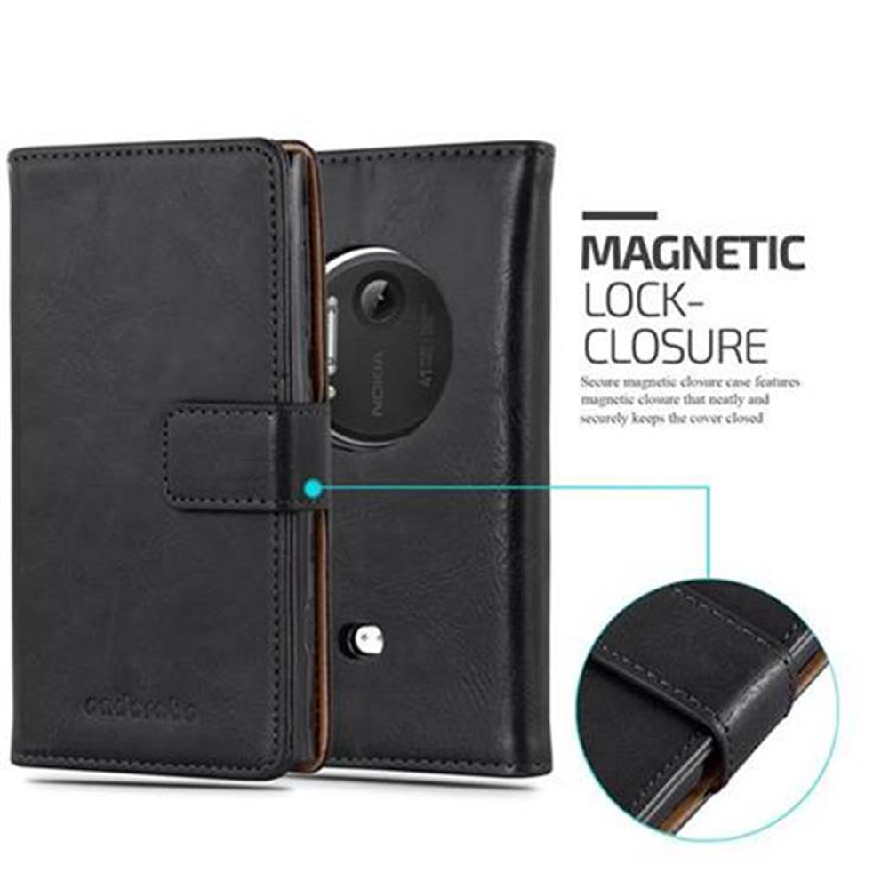Custodia nera per telefono con chiusura magnetica e foro fotocamera.