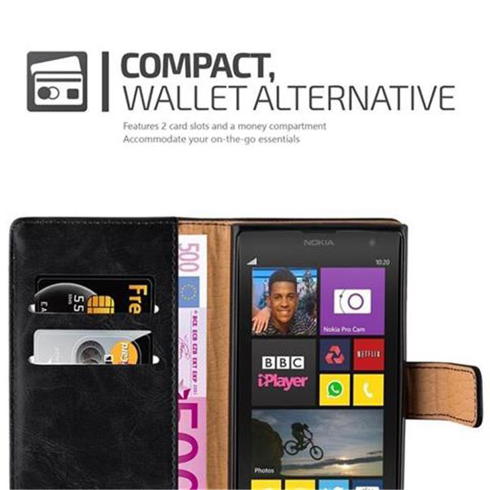 Portafoglio nero con slot per telefono, carte e banconote.