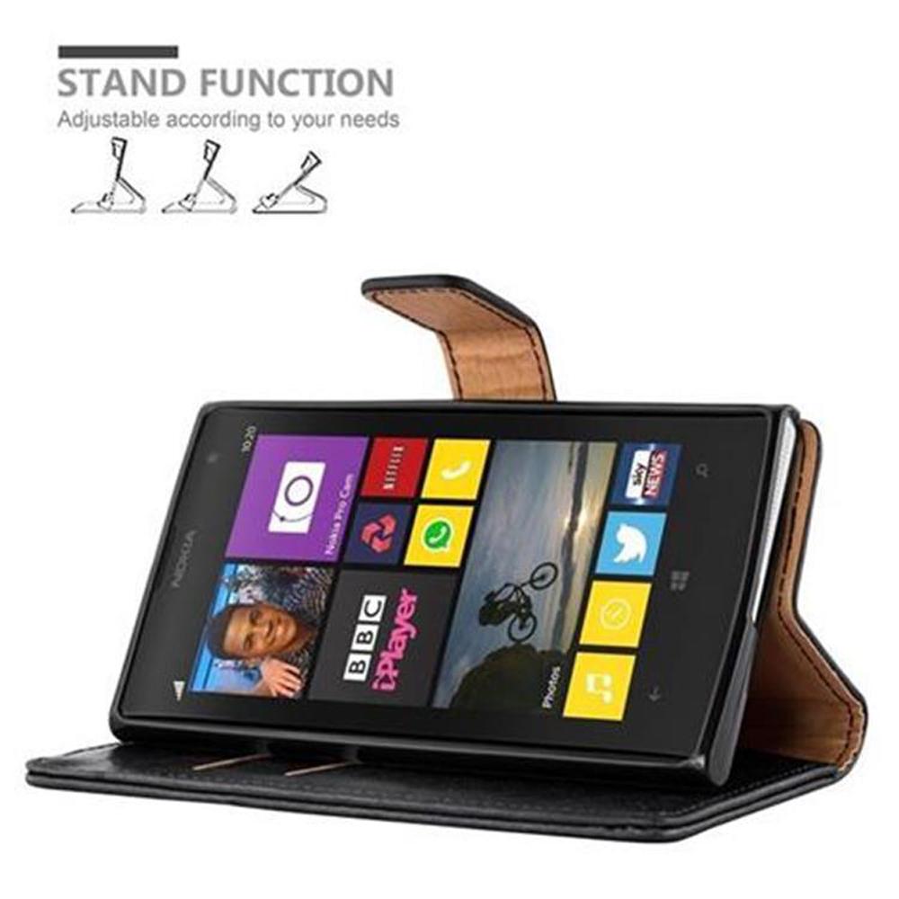 Smartphone Nokia in custodia nera con funzione stand, mostra varie app.