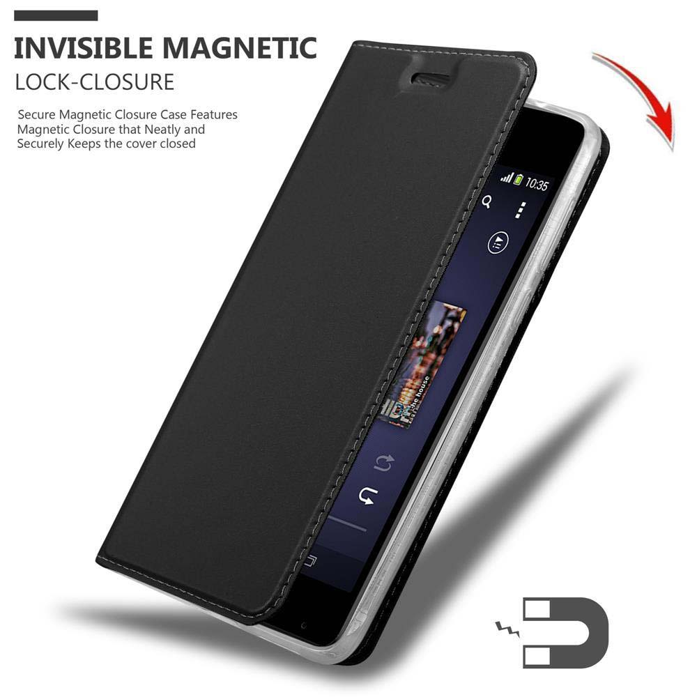 Teléfono negro con funda abierta, mostrando pantalla con música. Cierre magnético.